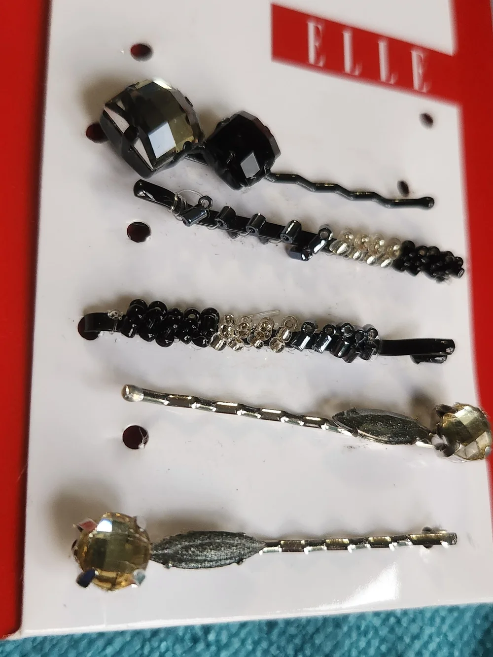 ELLE Crystal and Bead Bobby Pin Set Of 5 - Black & Silver